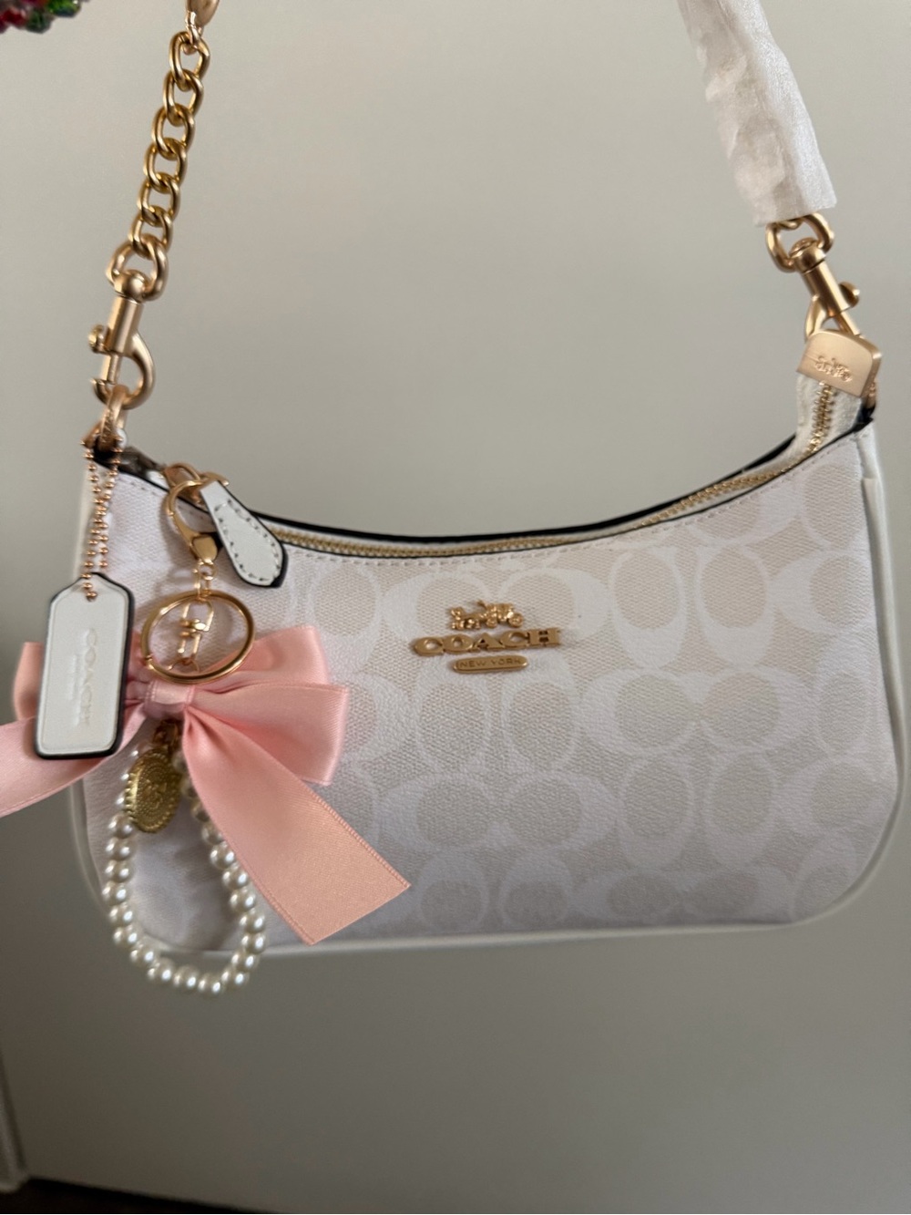 Coach Mini Shoulder Bag in Chalk with Pink Bow and Gold Hardware